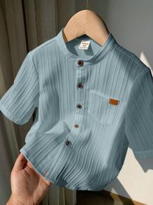 SHEIN LMoss Kids LMoss 1 件装年轻男孩休闲学院风舒适亚麻立领贴袋百搭百搭衬衫 - 霧霾藍 - 查看 4