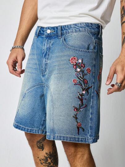 Street Life Pantalones cortos vaqueros casuales de pierna ancha con bolsillo bordado con flores para hombres