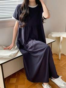 DAZY 女士宽松圆领中长连衣裙，春夏长款连衣裙 - 藏蓝色 - 查看 1