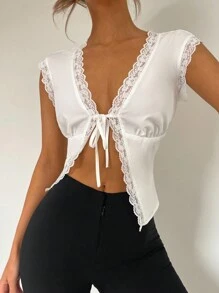 SHEIN Unity Women Front Button Drawstring Lace Shirt - White - View 3
