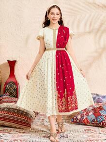 SHEIN 少女金丝带、箔、金色、红色、传统图案波尔卡圆点披肩二合一短袖箔传统奢华宽松 A 字裙、奢华假日 - 杏色 - 查看 3