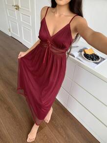 DAZY 女士波尔卡圆点网眼腰部设计蕾丝拼接吊带背心睡袍睡衣红色女士连衣裙 - 酒紅色 - 查看 3