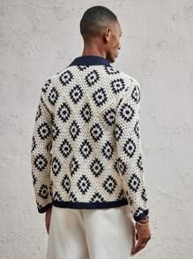 SHEIN X ELOISA & ORSON AKNOTIC Business Casual Cárdigan calado de color contrastante ajustado para hombre, adecuado para las temporadas de primavera y otoño