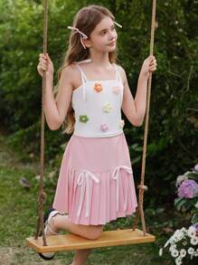 SHEIN Tween Girls Floral Bow Decor Camisole And Cami Tops, Sweet & Cute Style - White - View 4