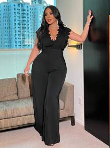 Flirla 大码性感深 V 领褶皱连体裤