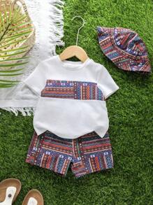 SHEIN Bộ 2 món áo thun cổ tròn màu tương phản thường ngày cho bé trai, quần short và mũ, trang phục 3 món, thích hợp cho mùa xuân hè, mặc ở nhà và ngoài trời, mặc khi đi du lịch và ngày lễ - Đỏ - Xem 8