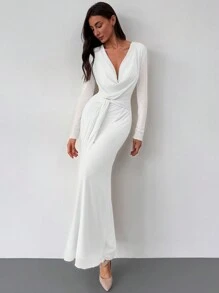 Aloruh Plunging Neck Long Sleeve Tight Mesh Dress, Apricot Colored, Romantic Date Outfit - White - View 6