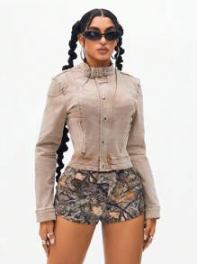 Jeanoix Distressed Camel Washed Women's Denim Jacket - Camel - View 4