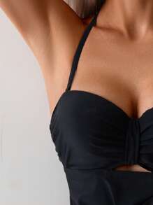 Swim Lushoire Detachable 1/2 Cup Spaghetti Strap Halter Top And Bottom Tankini Set, For Summer Beach Vacation