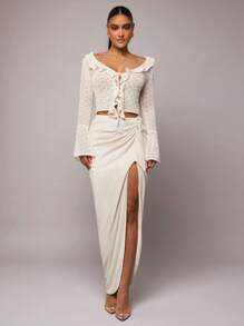 Silquee Elegant, Romantic And Personalized Spring And Summer Linen Fabric, High-Waisted V-Neck, High Slits, Low-Waisted Pleated Skirt, Suitable For Dates, Valentine's Day, Holiday Wear, Old Style, Holiday Wear, Summer Classic, Old Style, Office Wear, Comfortable To Wear, Breathable And Soft Fabric, Suitable For Commuting, Daily Vacation Wear - Beige - View 7