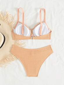 Swim Vcay Sea 2 Pieces Elegant Solid V-Neck Underwire Bikini Set For Women, For Summer Beach Vacation - Orange - View 4