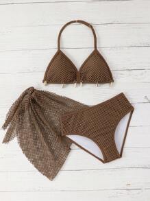SHEIN Tween Girl 3pcs/Set Swimwear With Brown Shell Triangle Bikini Set, Beach Outfit - Brown - View 4