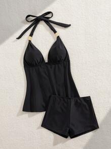 Swim Basics Summer Women's Black Elegant Vintage Soft Cup Backless Halter Tankini Set With Gold Ring Decor - Black - View 8