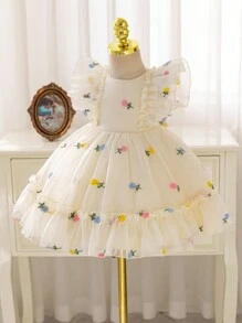 SHEIN Glamorique Kids 女婴四季刺绣装饰公主裙，盖袖收腰派对礼服，复活节 - 杏色 - 查看 4