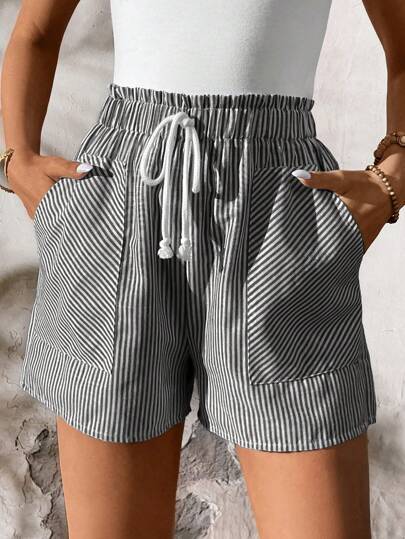 SHEIN LUNE Women's Summer Blue & White Striped Elastic Waist Double Pocket Shorts