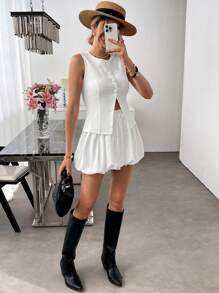 SHEIN LUNE 2pcs/Set Fashionable Open Slit White Blazer Vest Top + Pleated Floral Knee Length Skirt Set Dresses For Women Elegant Birthday Outfits For Women Date Night Outfits Women