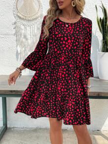 EMERY ROSE Women's Round Neck Long Sleeve All-Over Heart Print Casual Short Dress - Multicolor - View 4