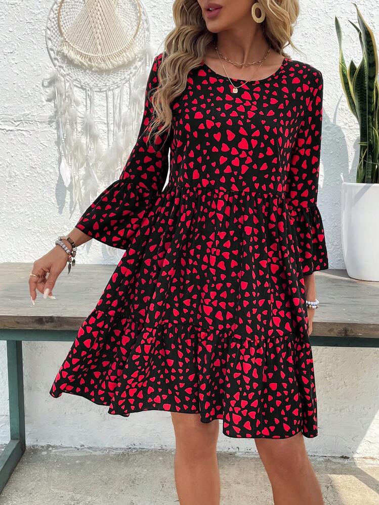 EMERY ROSE 女士圆领长袖全身心形印花休闲短款连衣裙 - 彩色 - 查看 4