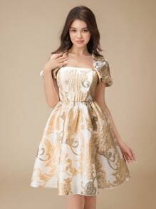 伴娘花卉印花泡泡袖 A 字短裙，适合少女、婚礼、联欢会、生日派对和典礼 - 香檳色 - 查看 1
