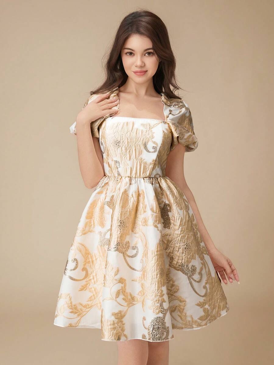 伴娘花卉印花泡泡袖 A 字短裙，适合少女、婚礼、联欢会、生日派对和典礼 - 香檳色 - 查看 1