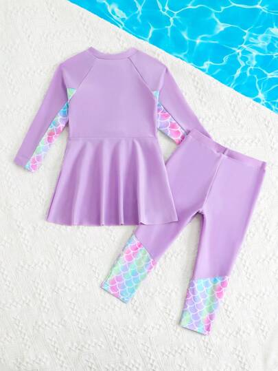 SHEIN Bộ đồ bơi in hình vảy cá dễ thương cho bé gái, áo dài tay và quần dài
