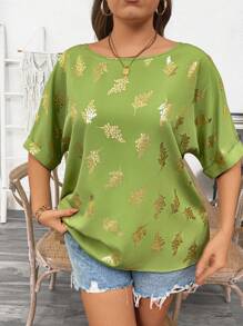 Flirla Damen Große Größen Boho Elegant Urlaub Rundhals Metall Muster Fledermausärmel Loose Sommer Shirt