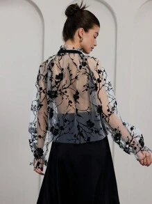 Aveloria Rosie French Style Hollow Transparent Printed Stand Collar With Tie Casual Loose Long Sleeve Blouse For Women Elegant FashionableStyle All Over Print