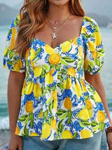 SHEIN VCAY Blusa con estampado de limón, escote en forma de corazón y mangas de farol para mujer talla grande, estilo bohemio, ideal para vacaciones de verano y primavera en la playa