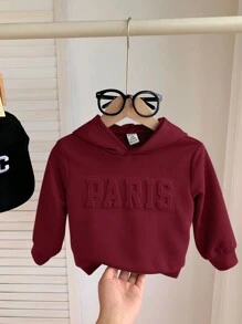 男婴休闲字母印花压花连帽衫，绿色，适合秋冬季