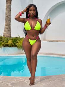 Slaydiva 夏季霓虹绿色罗纹短款上衣和丁字裤比基尼套装、沙滩泳装 - 玫紅色 - 查看 3