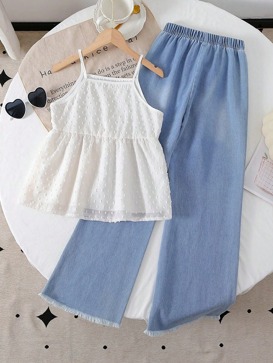 青少年女孩时尚街头风吊带背心和喇叭牛仔裤夏季两件套