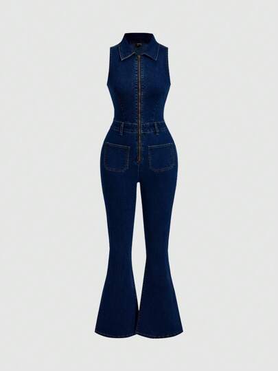 SHEIN MOD 性感弹力女式牛仔无袖连体裤，蓝色