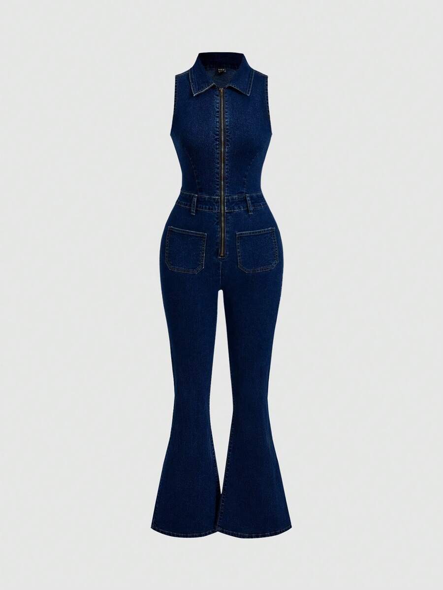 SHEIN MOD 性感弹力女式牛仔无袖连体裤，蓝色 - 深色水洗藍 - 查看 1