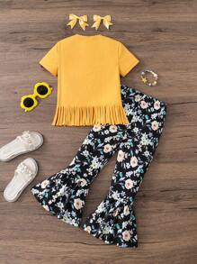 SHEIN 2 Stücke Kleine Mädchen Set: Einfaches gestricktes T-Shirt mit Rundhalsausschnitt & Flare Hose mit Blümchenmuster - Gelb - Übersicht 3