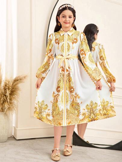 SHEIN Tween Girls' Fusion Casual Elegant Palace Style Pattern Lapel Long Sleeve Dress