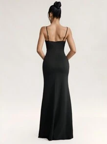 SHEIN Belle Vestido largo elegante de mujer con tirantes de espagueti adornados con strass y perlas falsas, vestido de invitada de boda, vestido de fiesta, vestido de noche, vestido de gala, color negro - Negro - Ver 2