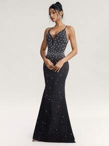 SHEIN Belle Vestido largo elegante de mujer con tirantes de espagueti adornados con strass y perlas falsas, vestido de invitada de boda, vestido de fiesta, vestido de noche, vestido de gala, color negro - Negro - Ver 4
