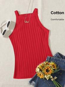 SHEIN EZwear Solid Rib-knit Halter Top