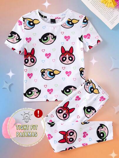 THE POWERPUFF GIRLS X SHEIN Young Girl Cartoon Heart Print Short Sleeve T-Shirt And Pants Soft Comfy Pajama Set,White Snug Fit Short Sleeve And Long Pants Comfortable Pajama Set For Fall