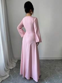 Modelyn Damen elegantes Zweifarbiges Ballonkleider mit durchbrochenem Gürtel A-Linie Maxikleid Damen Outfit