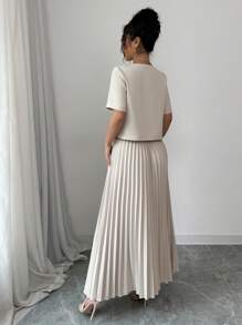 Modelyn Women Elegant Woven Colorblock Short Sleeve Tie Front 2 Pieces Set - Apricot - View 2