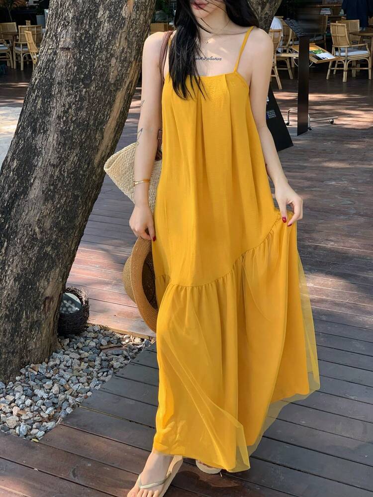Women's Solid Color Ruffle Hem Spaghetti Strap Mid-Length Dress
