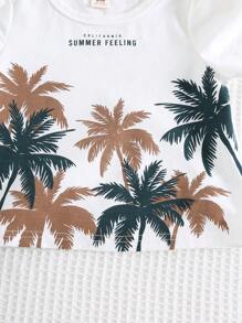 Cozy Pixies 2pcs Baby Boy Set: Coconut Tree Print Soft Knit Crew Neck Short Sleeve Pullover Top And Elastic Waist Shorts, Beach Outfit