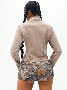 Jeanoix Distressed Camel Washed Women's Denim Jacket - Camel - View 2