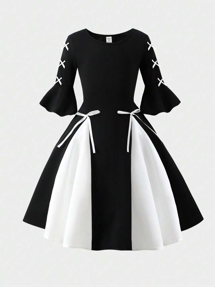 SHEIN Leap Crew Tween 女童蝴蝶结装饰拼色圆领荷叶边袖迷你连衣裙 - 黑與白 - 查看 4