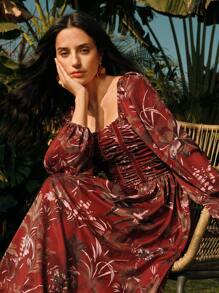 Anewsta Vestido largo elegante de flores de campana rojo ladrillo para mujer, para primavera/verano, vacaciones - Burdeos - Ver 5