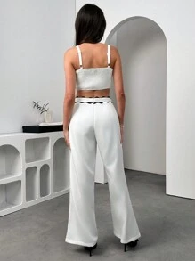 Chiquease 2 Peças/Conjunto Elegante Francês Simples, Camisole Branca e Preta Ondulada Tecida, Calça de Cintura Alta, Novo Lançamento Feminino para Verão - Preto e Branco - Visão 2