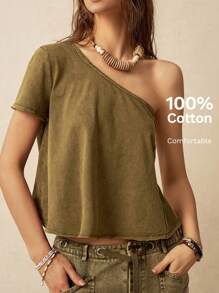 Bohemela 度假夏季不对称领口短款女式 T 恤 - 橄欖綠 - 查看 9