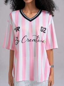 Easelle 条纹印花 V 领落肩袖女式 T 恤