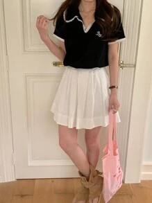 DAZY Women's V-Neck Lace Patchwork Color Blocking Casual Short Sleeve T-Shirt - Black - View 6